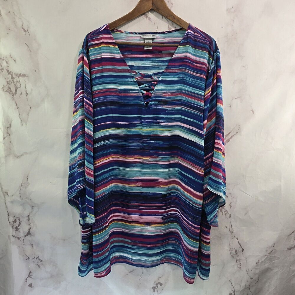 Catherines Shirt Women 3X 26W 28W Blue Pink Blouse Watercolor Stripe Criss Cross